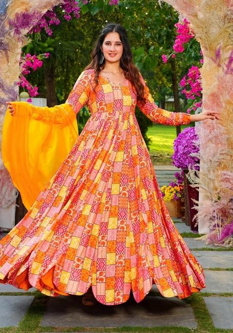Mustard Printed Rayon Gown With Dupatta