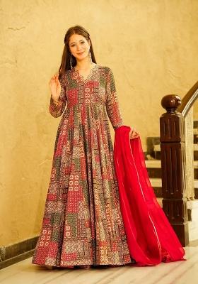 Multicolor Printed Rayon Gown With Dupatta