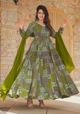 Green Printed Rayon Gown With Dupatta