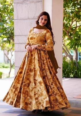 Brown Printed Rayon Gown With Dupatta