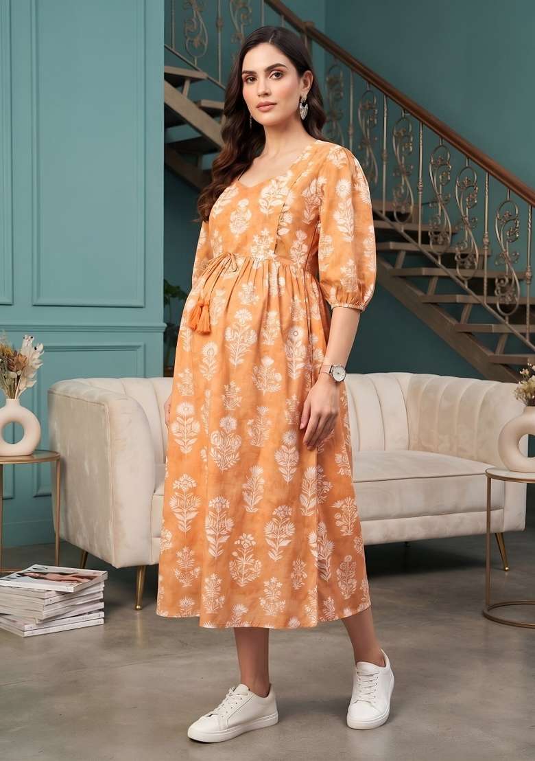 Orange Cotton Maternity Dresses - Indya