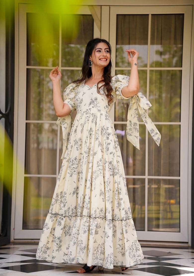 White Printed Rayon Gown - Indya