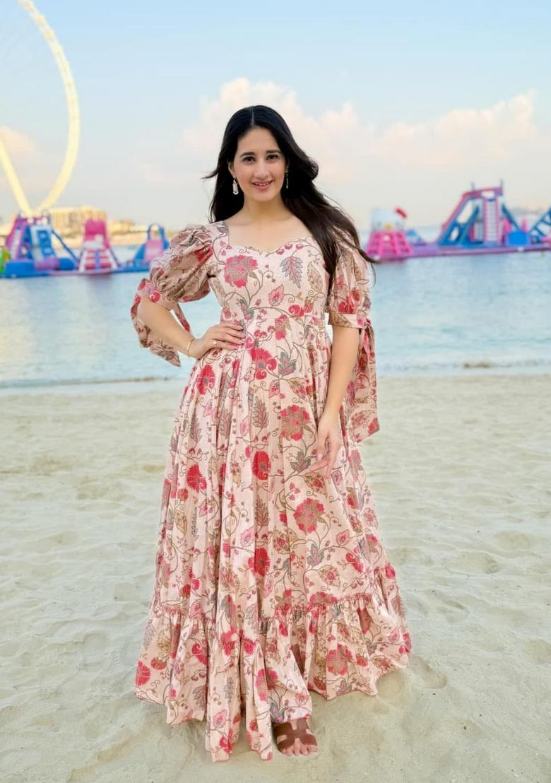 Peach Printed Rayon Gown - Indya