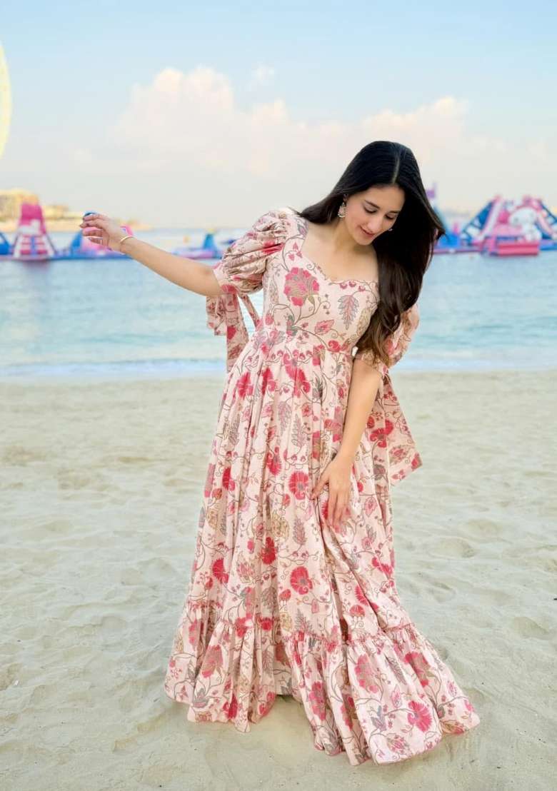 Peach Rayon Gown with Printed for Diwali | Wedding & Festive Wear - Indya