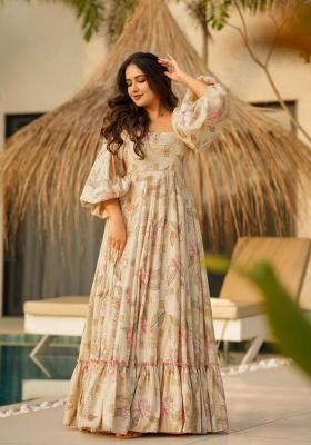 Cream Printed Rayon Gown