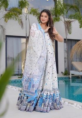 White Printed Rayon Gown With Dupatta