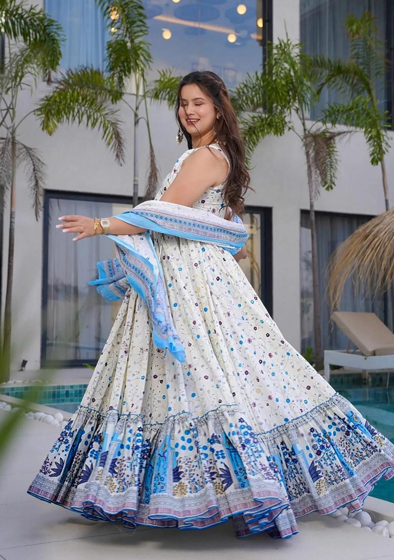 White Printed Rayon Gown With Dupatta - Indya