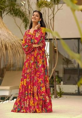 Pink Printed Chinon Gown