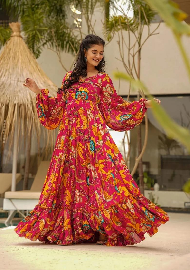 Pink Printed Chinon Gown - Indya