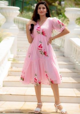 Pink Printed Checked Short Dress