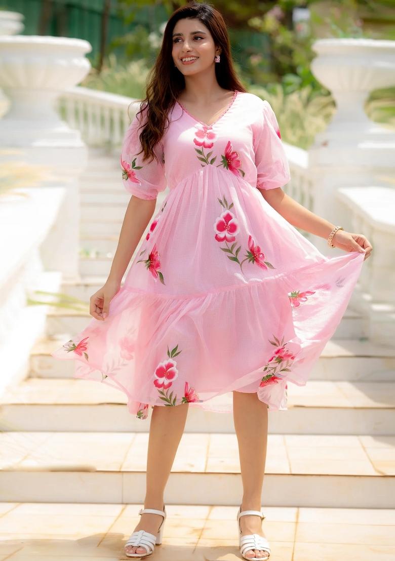 Pink Printed Checked Short Dress - Indya