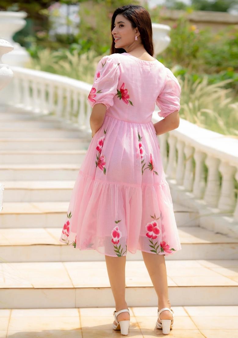 Pink Printed Checked Short Dress - Indya