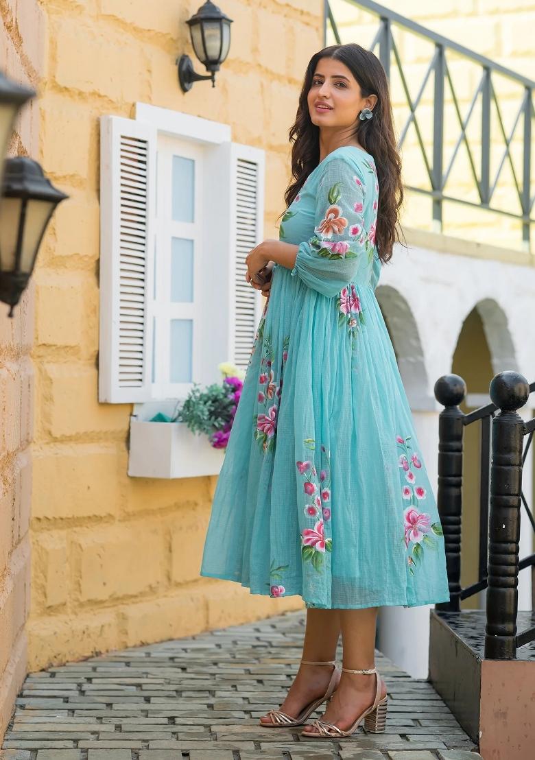 Sky Blue Printed Checked Short Dress - Indya