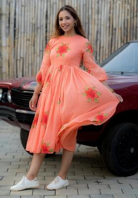 Peach Printed Checked Short Dress