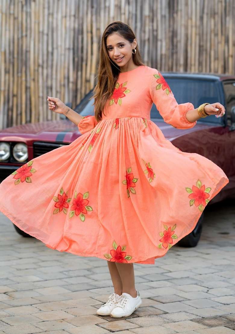 Peach Checked Short Dress with Printed for Diwali | Wedding & Festive Wear - Indya