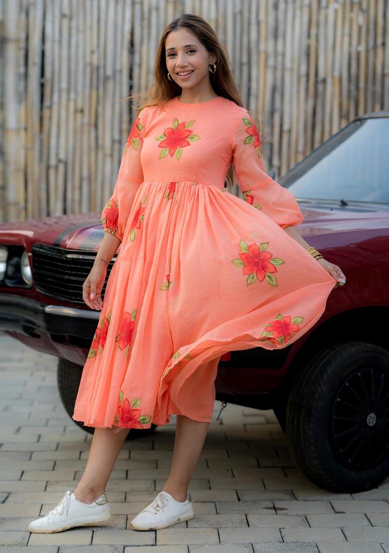 Peach Printed Checked Short Dress - Indya