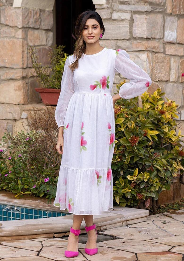 White Printed Checked Short Dress - Indya