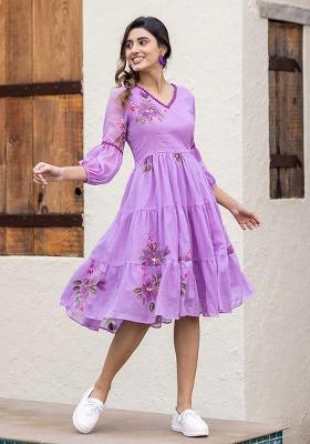 Purple Printed Checked Short Dress