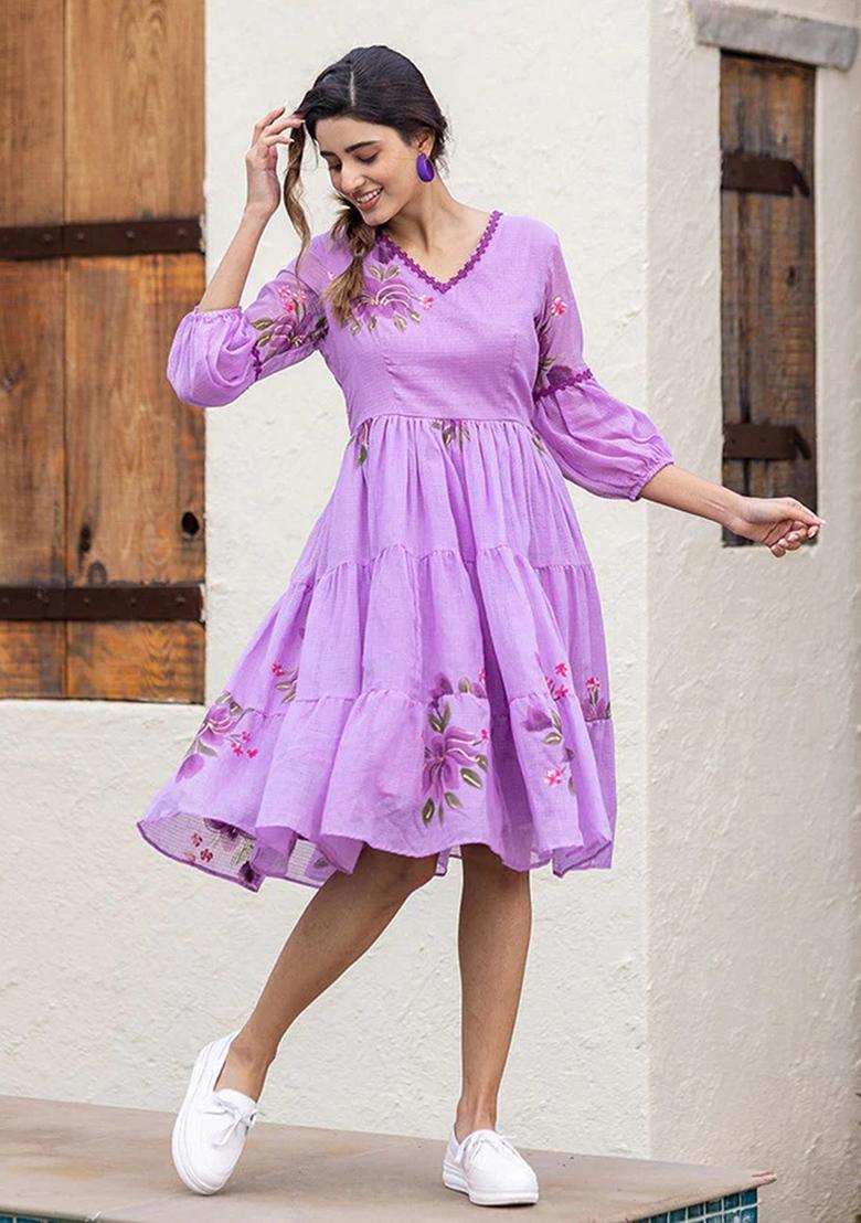Purple Printed Checked Short Dress - Indya