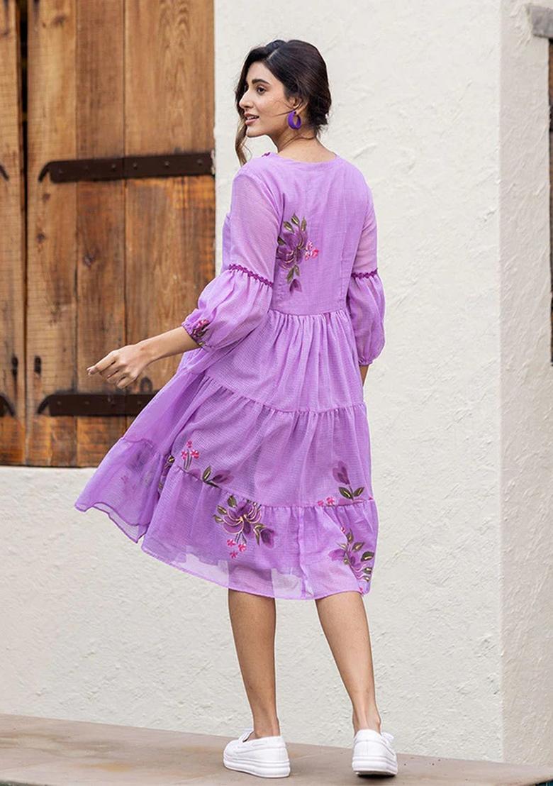 Purple Printed Checked Short Dress - Indya