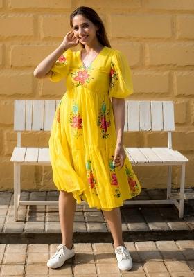 Yellow Printed Checked Short Dress
