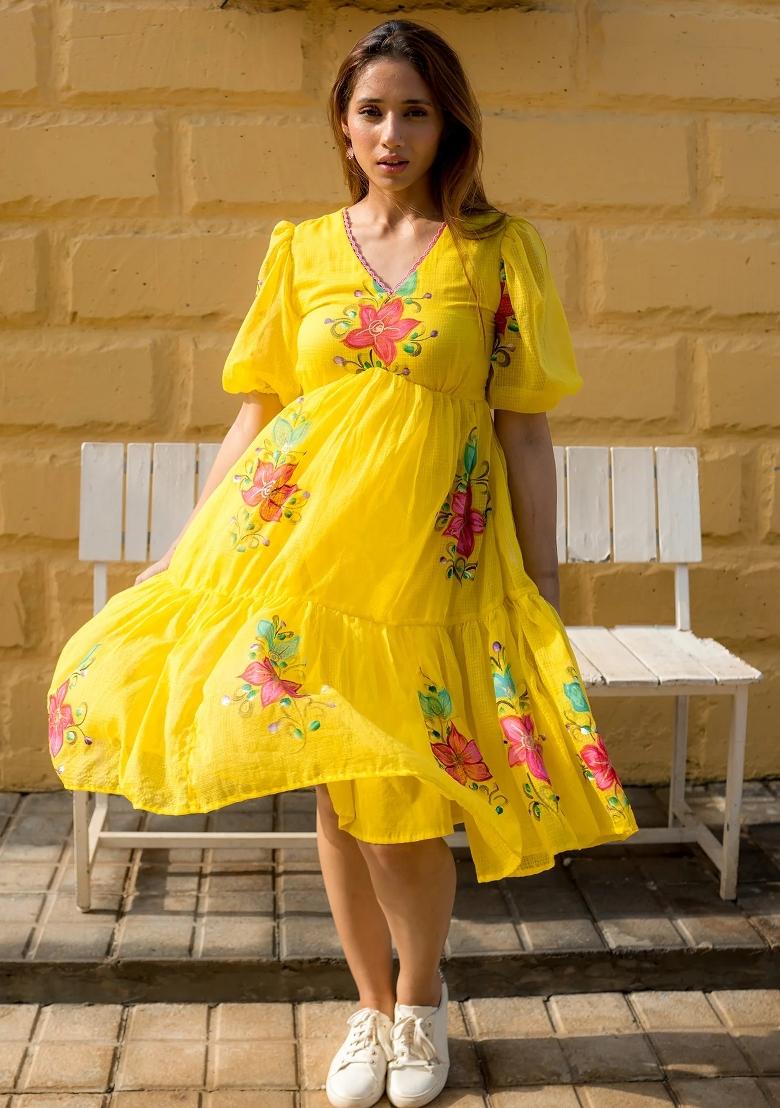 Yellow Printed Checked Short Dress - Indya