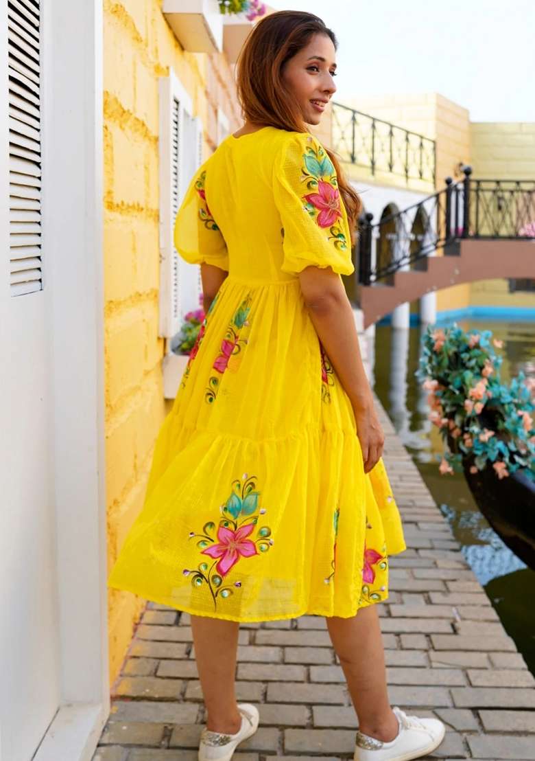 Yellow Printed Checked Short Dress for Diwali and Festive Wear - Indya