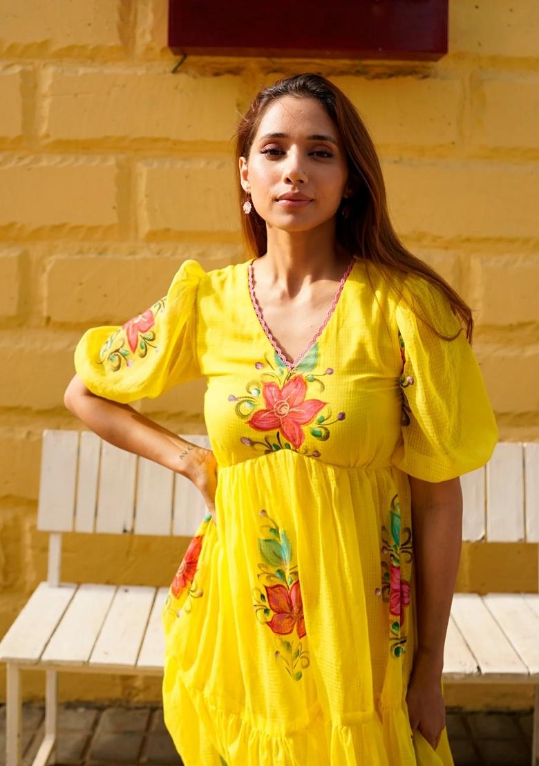 Yellow Printed Checked Short Dress - Indya