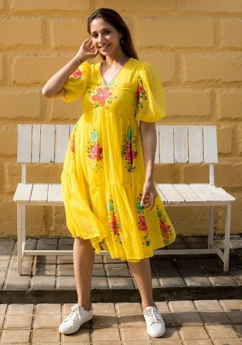 Yellow Printed Checked Short Dress