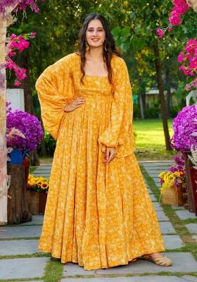 Yellow Printed Georgette Gown With Dupatta