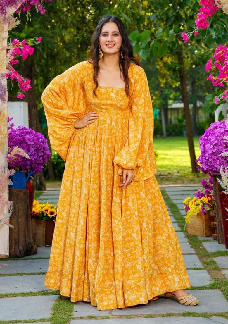 Yellow With Dupatta Georgette Gown with Printed for Diwali | Wedding & Festive Wear - Indya
