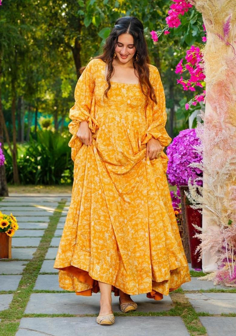 Yellow Printed Georgette Gown With Dupatta - Indya
