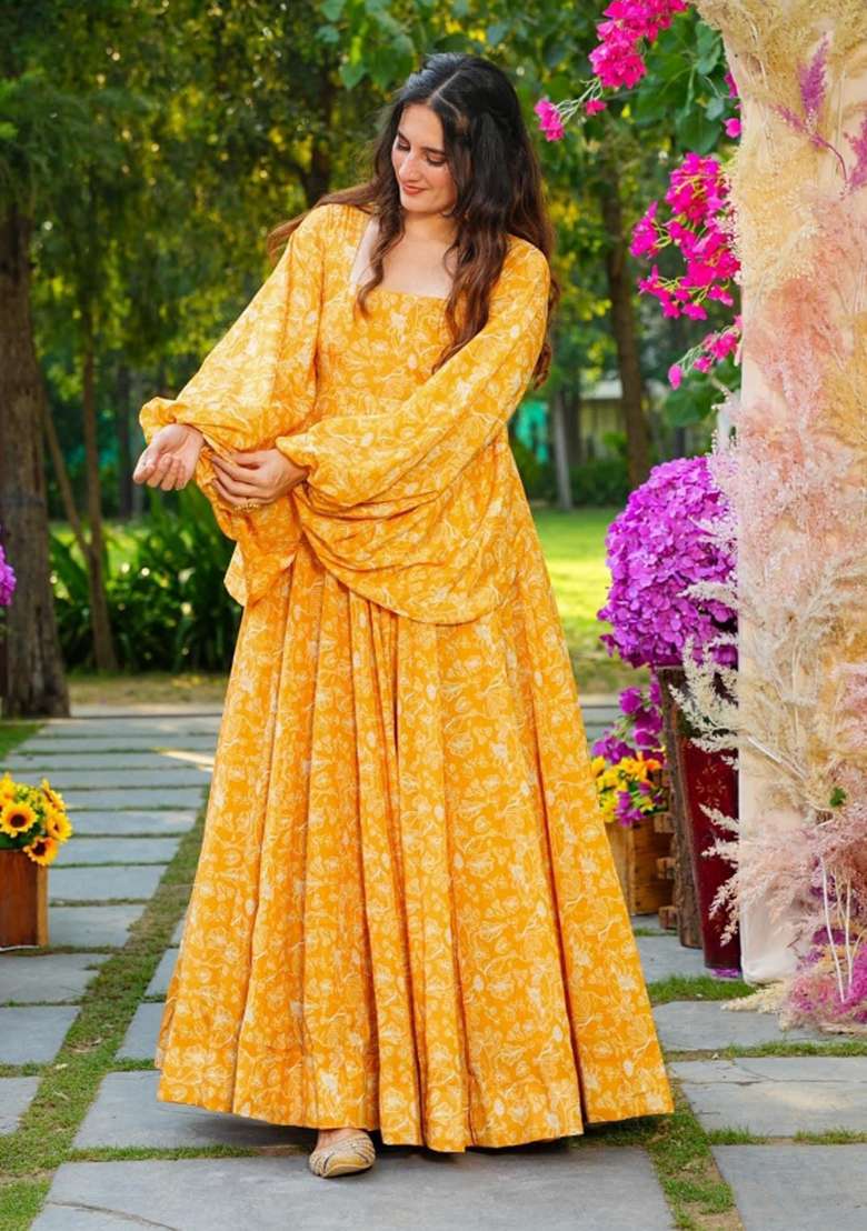 Yellow With Dupatta Georgette Gown with Printed for Diwali | Wedding & Festive Wear - Indya