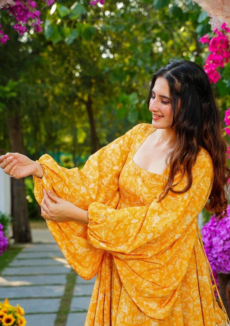 Yellow Printed Georgette Gown With Dupatta - Indya