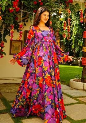Purple Printed Georgette Gown With Dupatta