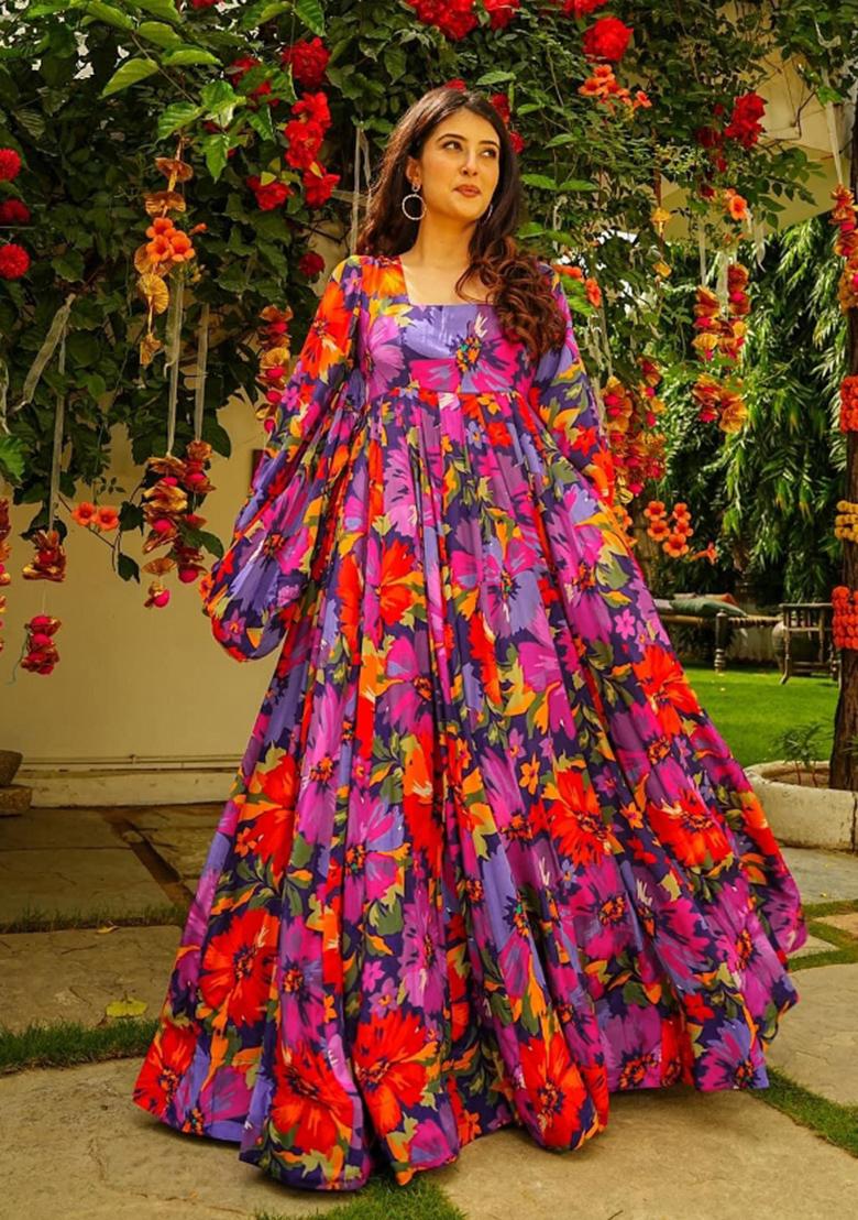 Purple Printed Georgette Gown With Dupatta - Indya