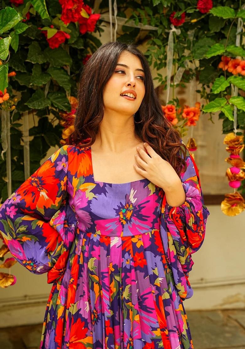 Purple Printed Georgette Gown With Dupatta - Indya