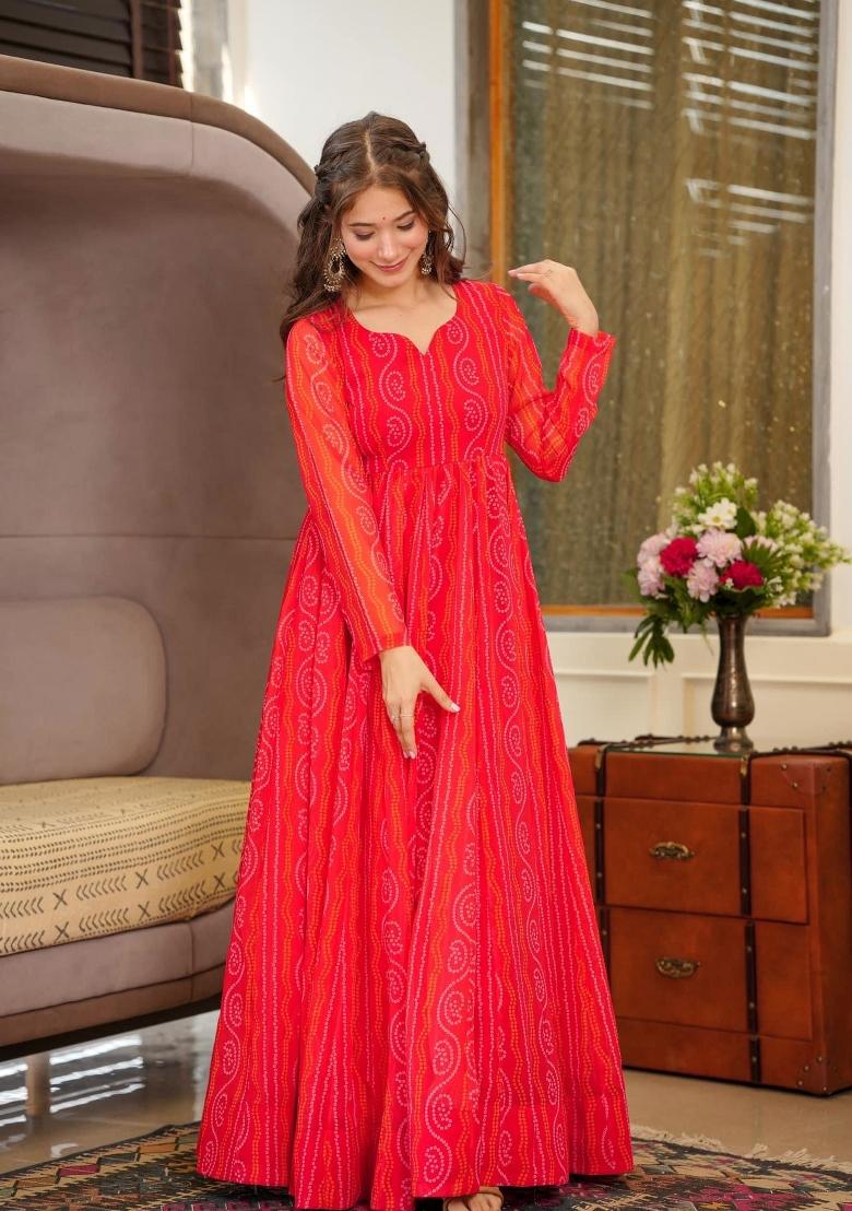 Gajari Printed Georgette Gown With Dupatta - Indya