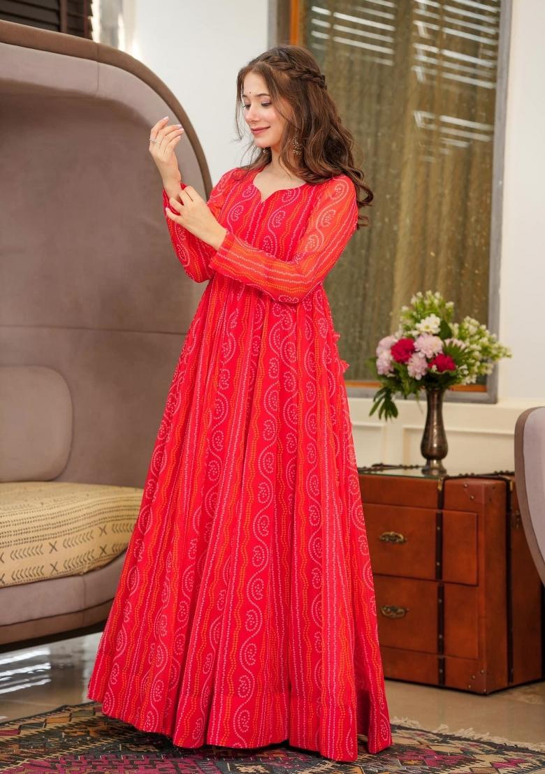 Gajari Printed Georgette Gown With Dupatta - Indya
