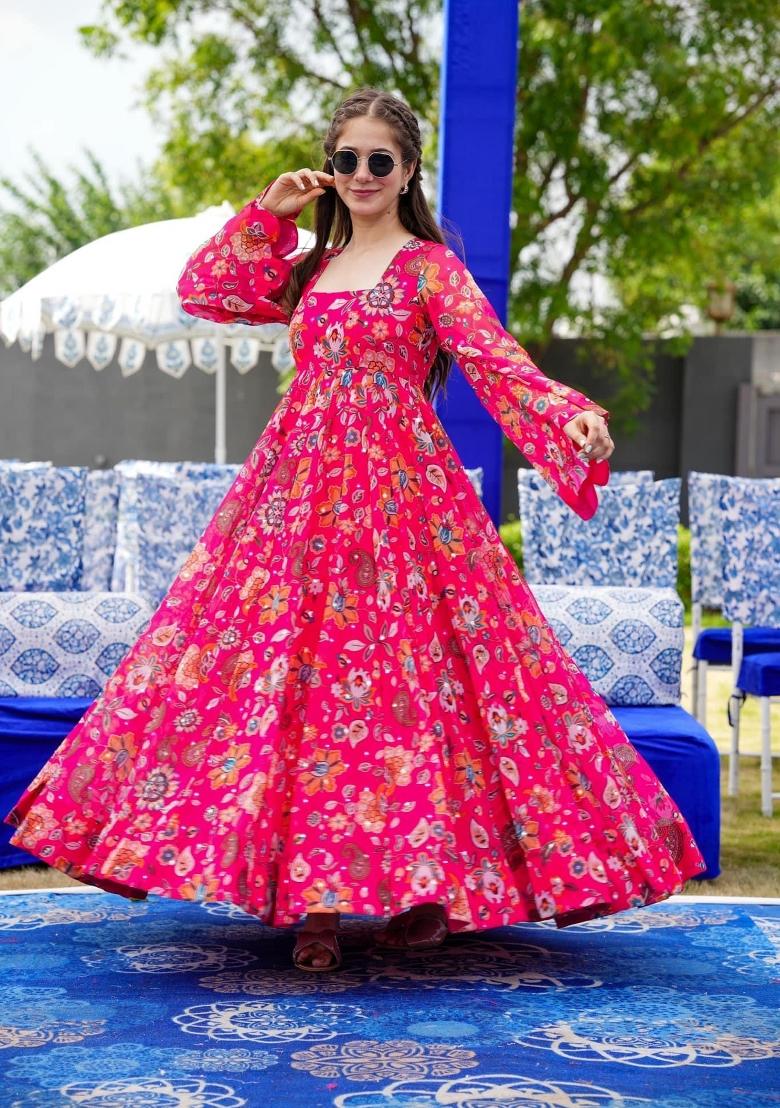 Pink Printed Georgette Gown With Dupatta - Indya
