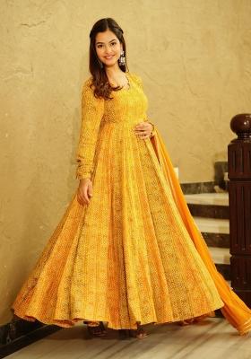 Yellow Printed Georgette Gown With Dupatta