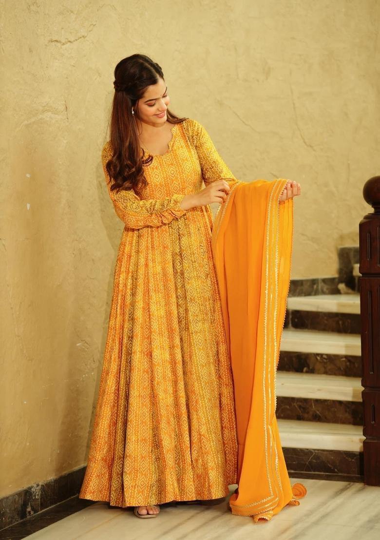 Yellow Printed Georgette Gown With Dupatta - Indya