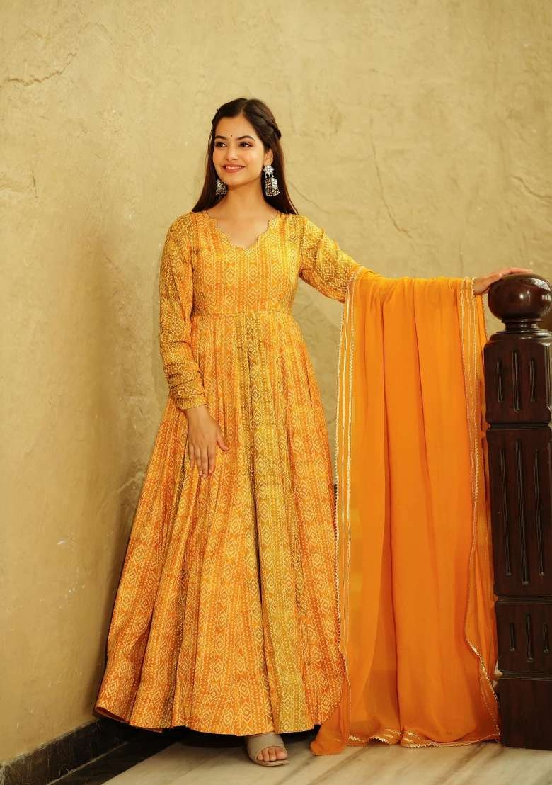 Yellow With Dupatta Georgette Gown with Printed for Diwali | Wedding & Festive Wear - Indya