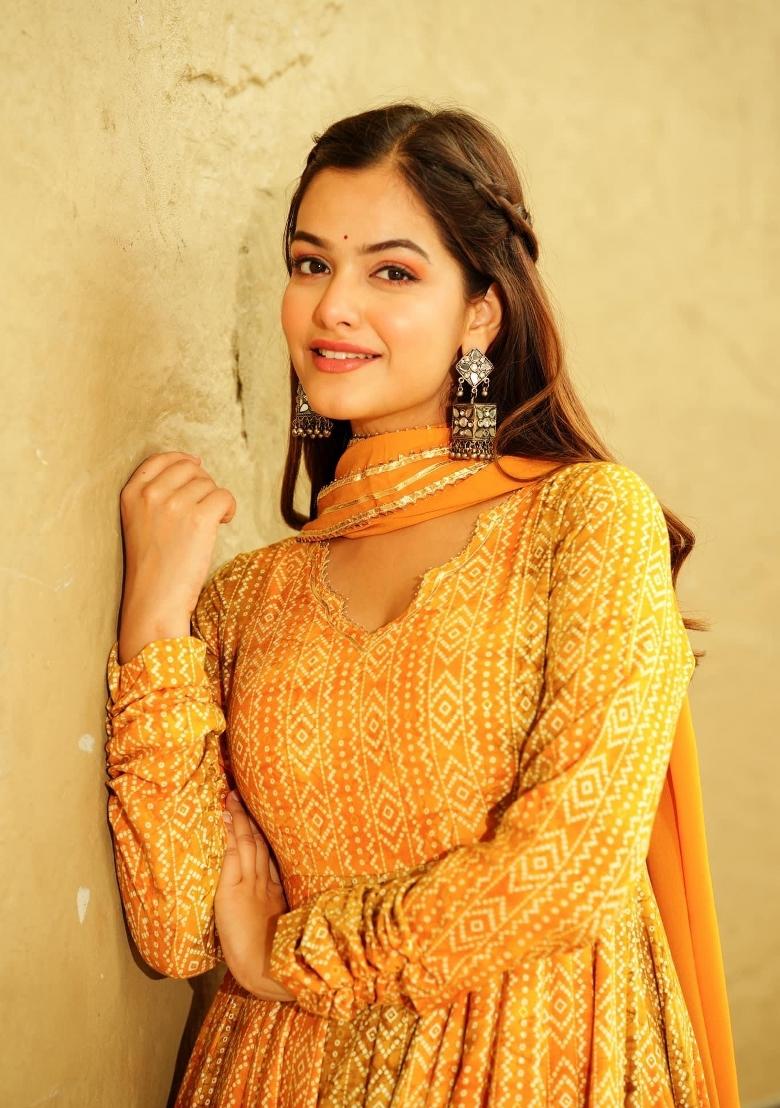Yellow Printed Georgette Gown With Dupatta - Indya
