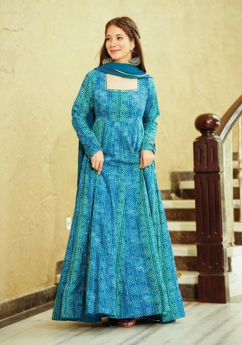 Rama Printed Georgette Gown With Dupatta