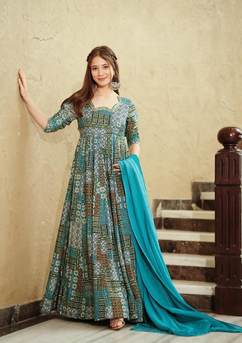 Rama Printed Rayon Gown With Dupatta - Indya