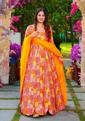 Orange Printed Rayon Gown With Dupatta