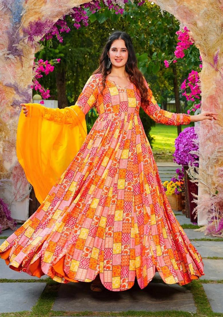 Orange Printed Rayon Gown With Dupatta - Indya