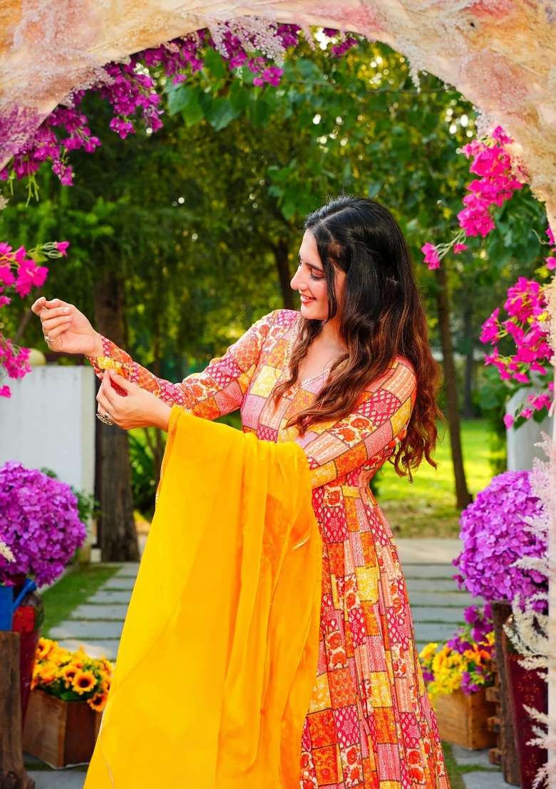 Orange With Dupatta Rayon Gown with Printed for Diwali | Wedding & Festive Wear - Indya