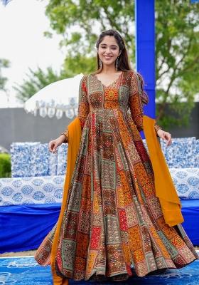 Brown Printed Rayon Gown With Dupatta